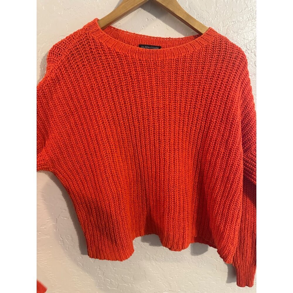 Y Eileen Fisher Orange Crewneck Chunky Knit Organic Cotton Fisherman Sweater - Picture 5 of 9
